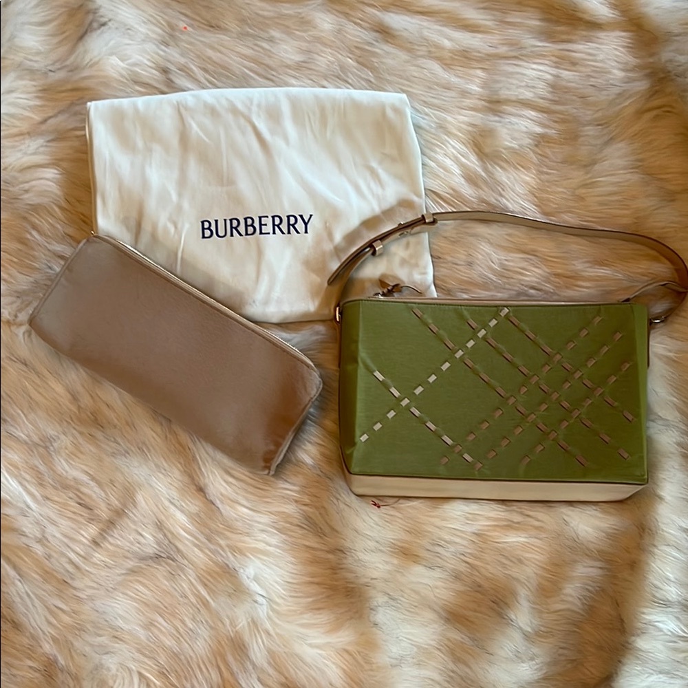 Burberry Green Linen & Leather Shoulder Bag